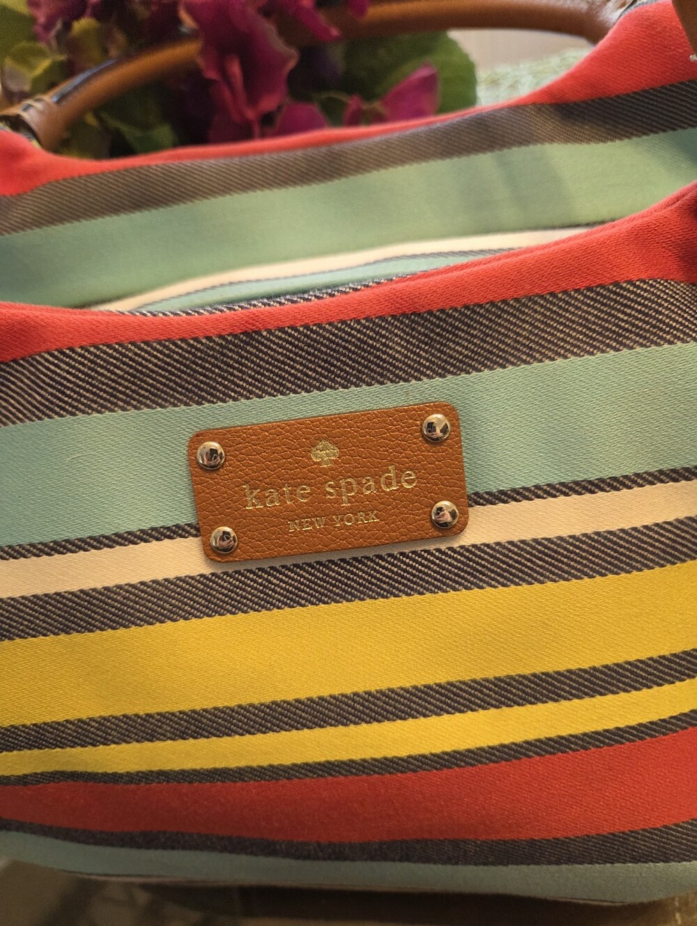 Kate Spade Multicolor Striped Canvas Tote - Red, Yellow, Aqua, Brown Like New - Picture 2 of 10